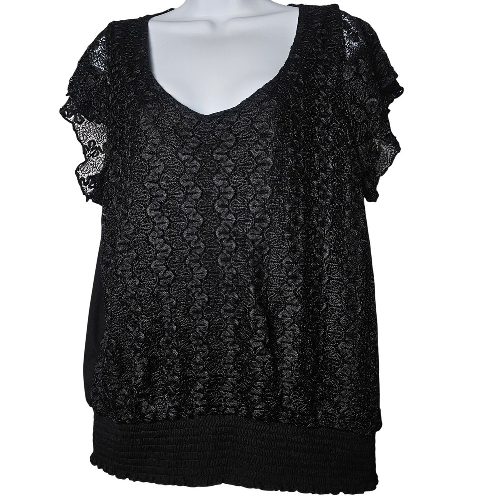 Ultra Teeze Black Lace Overlay‎ Smocked Hem Flutter Sleeve Top 2X Whimsygoth